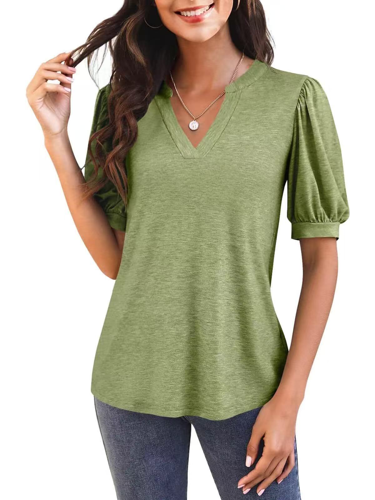 Women’s V-Neck Gathered Puff Short Sleeve Curved Hem Casual T-Shirt