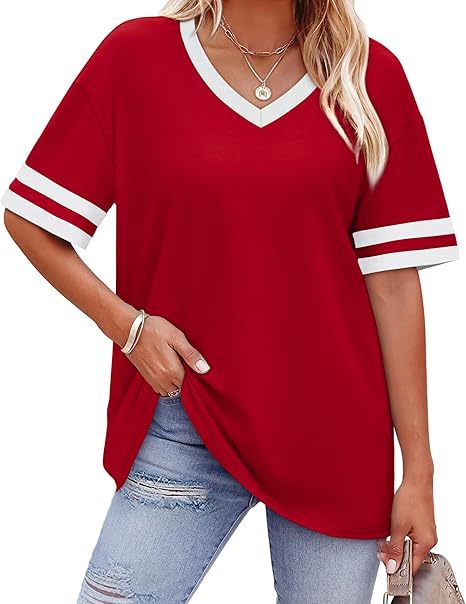 Women’s Contrast Striped Trim V-Neck Loose Short Sleeve T-Shirt