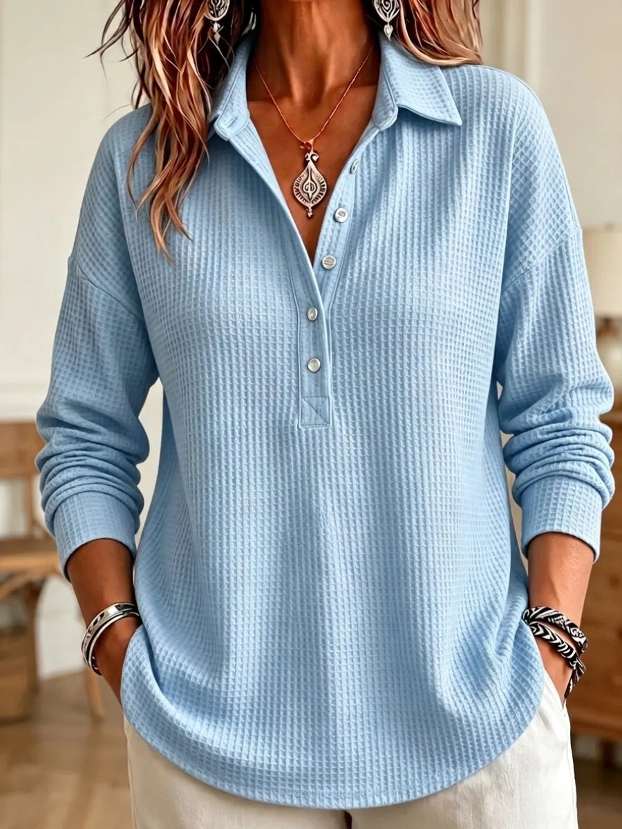 Women's Casual Waffle Knit Collared Henley Long Sleeve Shirt