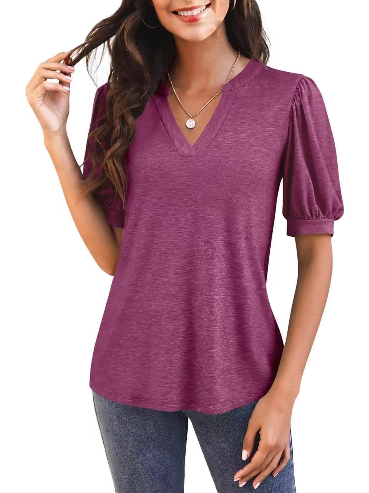 Women’s V-Neck Gathered Puff Short Sleeve Curved Hem Casual T-Shirt
