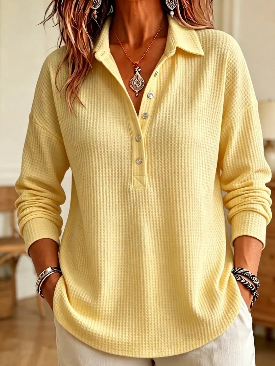 Women's Casual Waffle Knit Collared Henley Long Sleeve Shirt