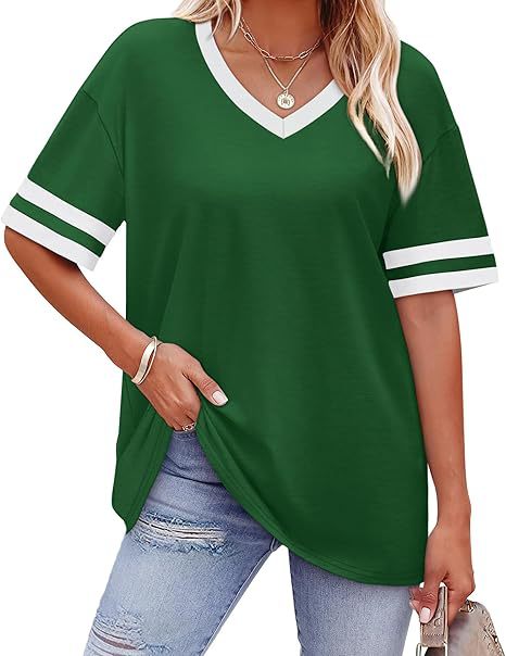 Women’s Contrast Striped Trim V-Neck Loose Short Sleeve T-Shirt
