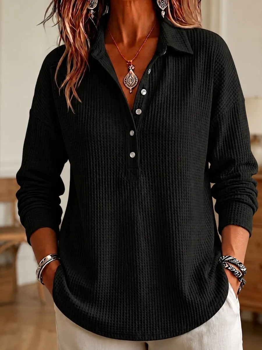 Women's Casual Waffle Knit Collared Henley Long Sleeve Shirt
