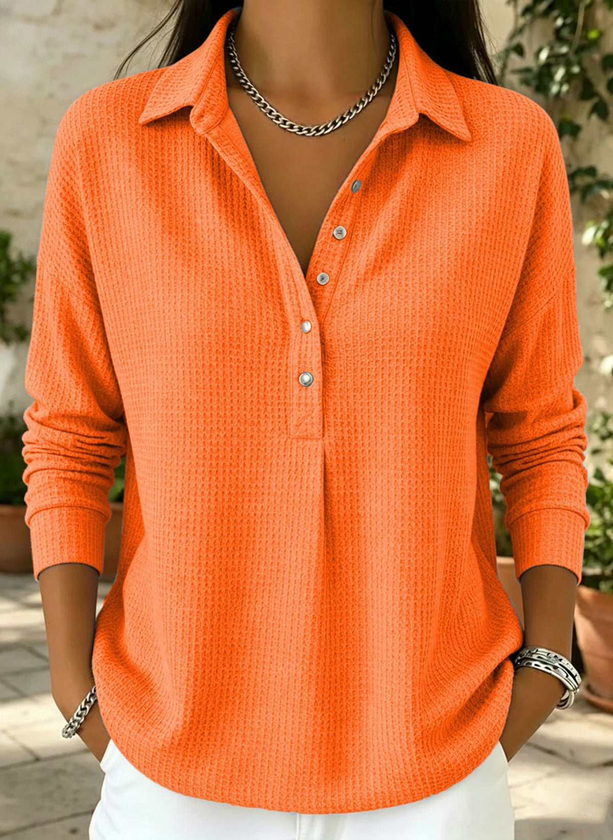 Women's Casual Waffle Knit Collared Henley Long Sleeve Shirt