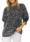 Women’s Round Neck Bubble 3/4 Sleeve Back Keyhole Ditsy Floral Print Blouse