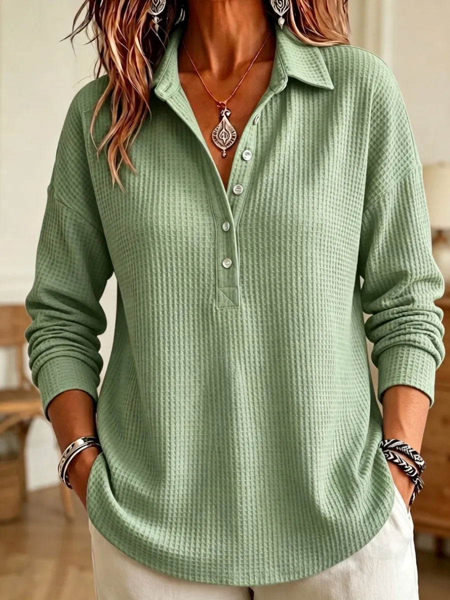 Women's Casual Waffle Knit Collared Henley Long Sleeve Shirt