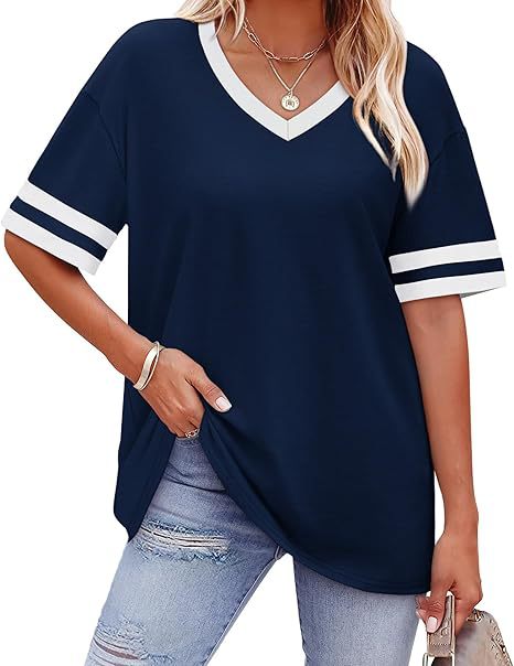 Women’s Contrast Striped Trim V-Neck Loose Short Sleeve T-Shirt