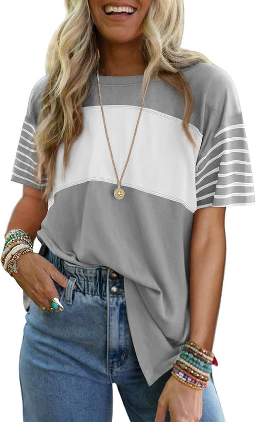 Crew neck patchwork casual striped color-blocked short-sleeved T-shirt