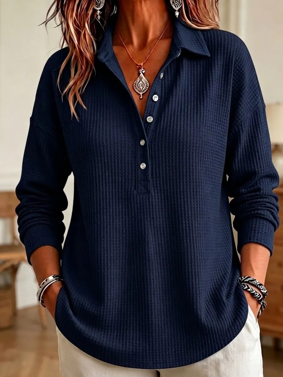 Women's Casual Waffle Knit Collared Henley Long Sleeve Shirt