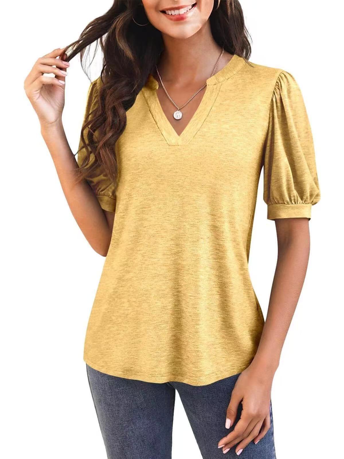 Women’s V-Neck Gathered Puff Short Sleeve Curved Hem Casual T-Shirt