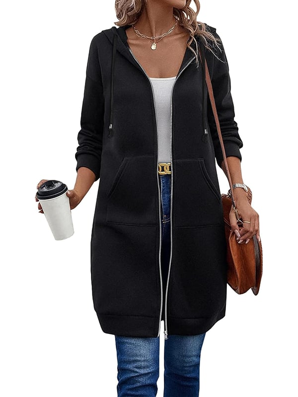 🍂Women’s Long Zip‑Up Fleece Hooded Coat