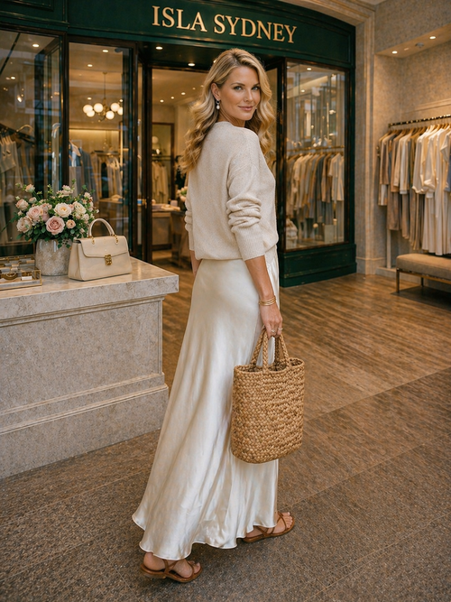 Chloe | Effortless Ivory Knit & Satin Midi Ensemble