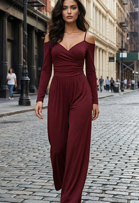 Women’s Cold Shoulder Spaghetti Strap Ruched V-Neck Long Sleeve Wide Leg Floor-Length