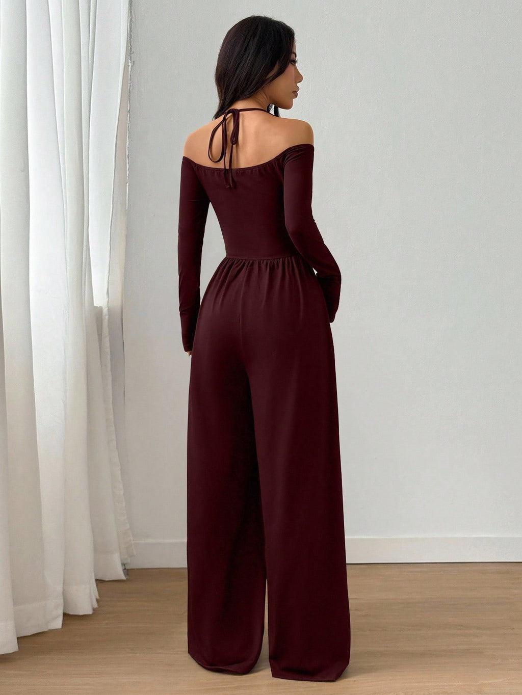 Women’s Cold Shoulder Spaghetti Strap Ruched V-Neck Long Sleeve Wide Leg Floor-Length