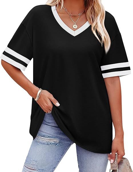 Women’s Contrast Striped Trim V-Neck Loose Short Sleeve T-Shirt