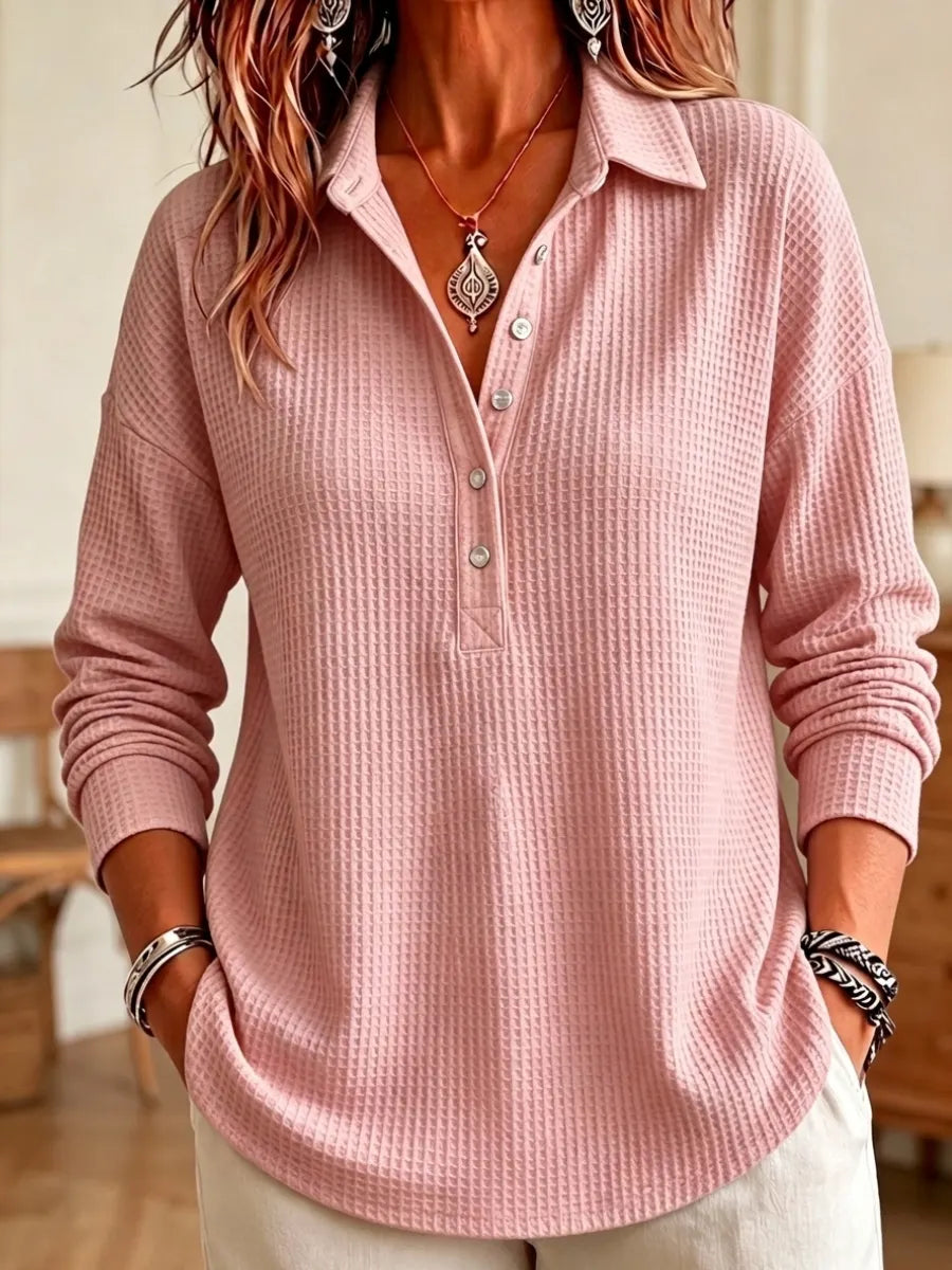 Women's Casual Waffle Knit Collared Henley Long Sleeve Shirt