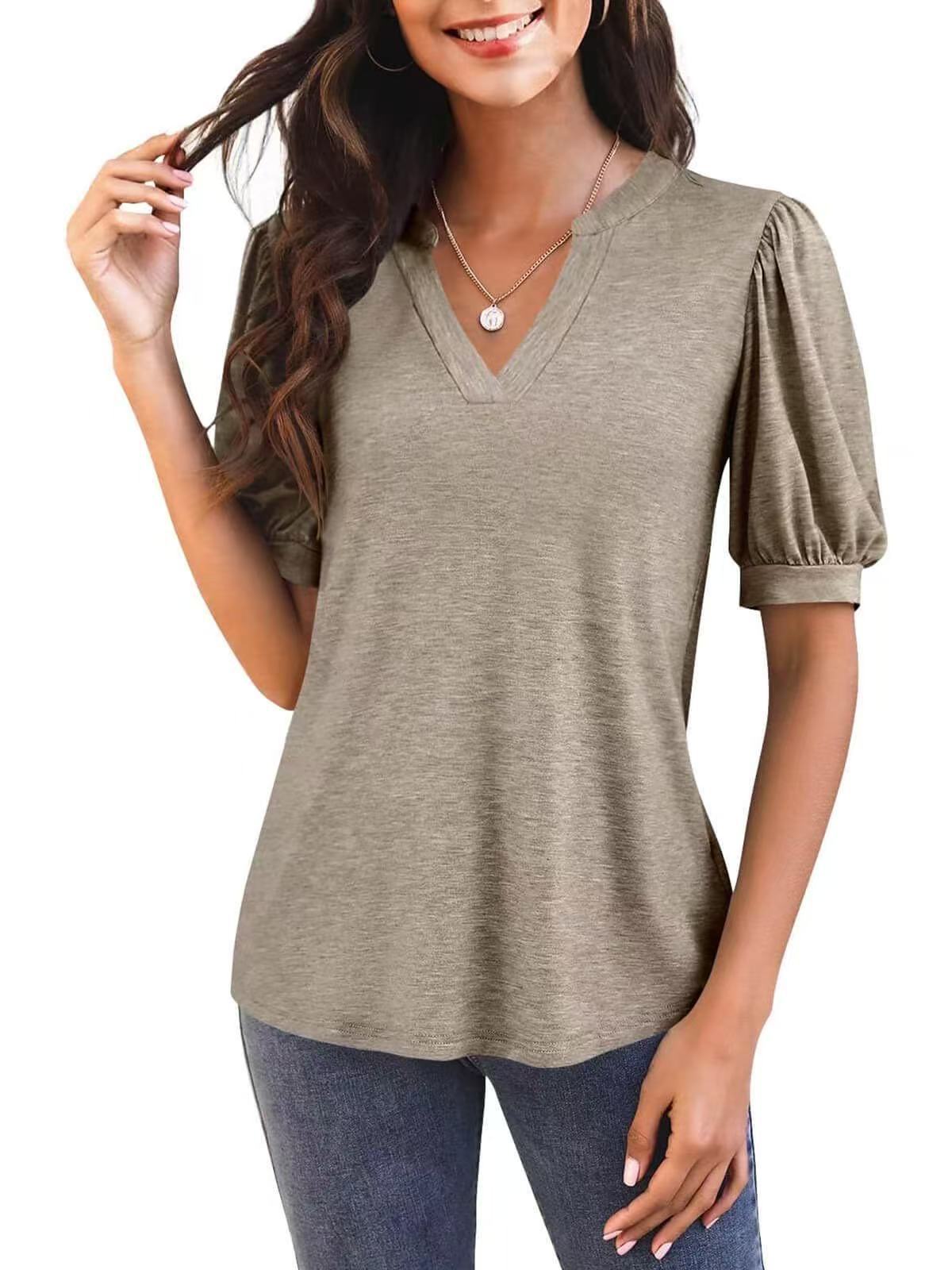 Women’s V-Neck Gathered Puff Short Sleeve Curved Hem Casual T-Shirt