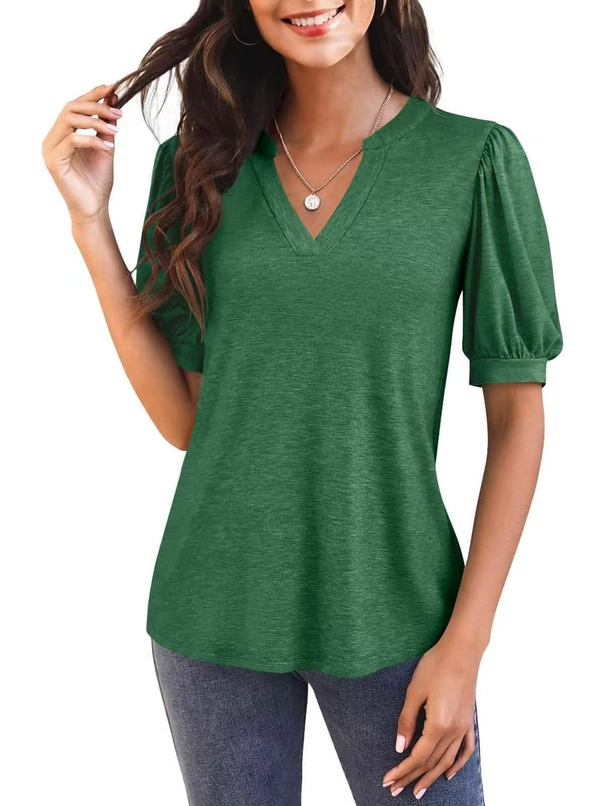 Women’s V-Neck Gathered Puff Short Sleeve Curved Hem Casual T-Shirt