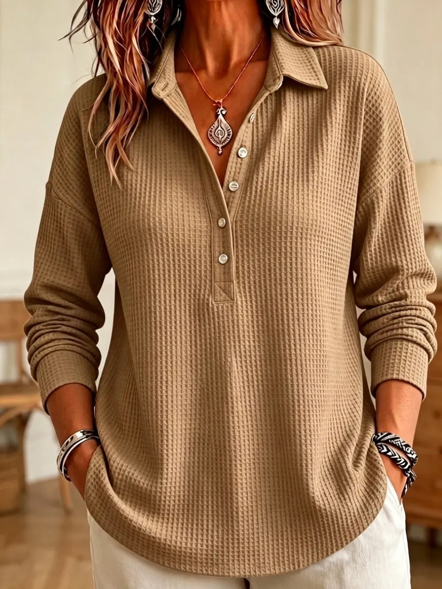 Women's Casual Waffle Knit Collared Henley Long Sleeve Shirt