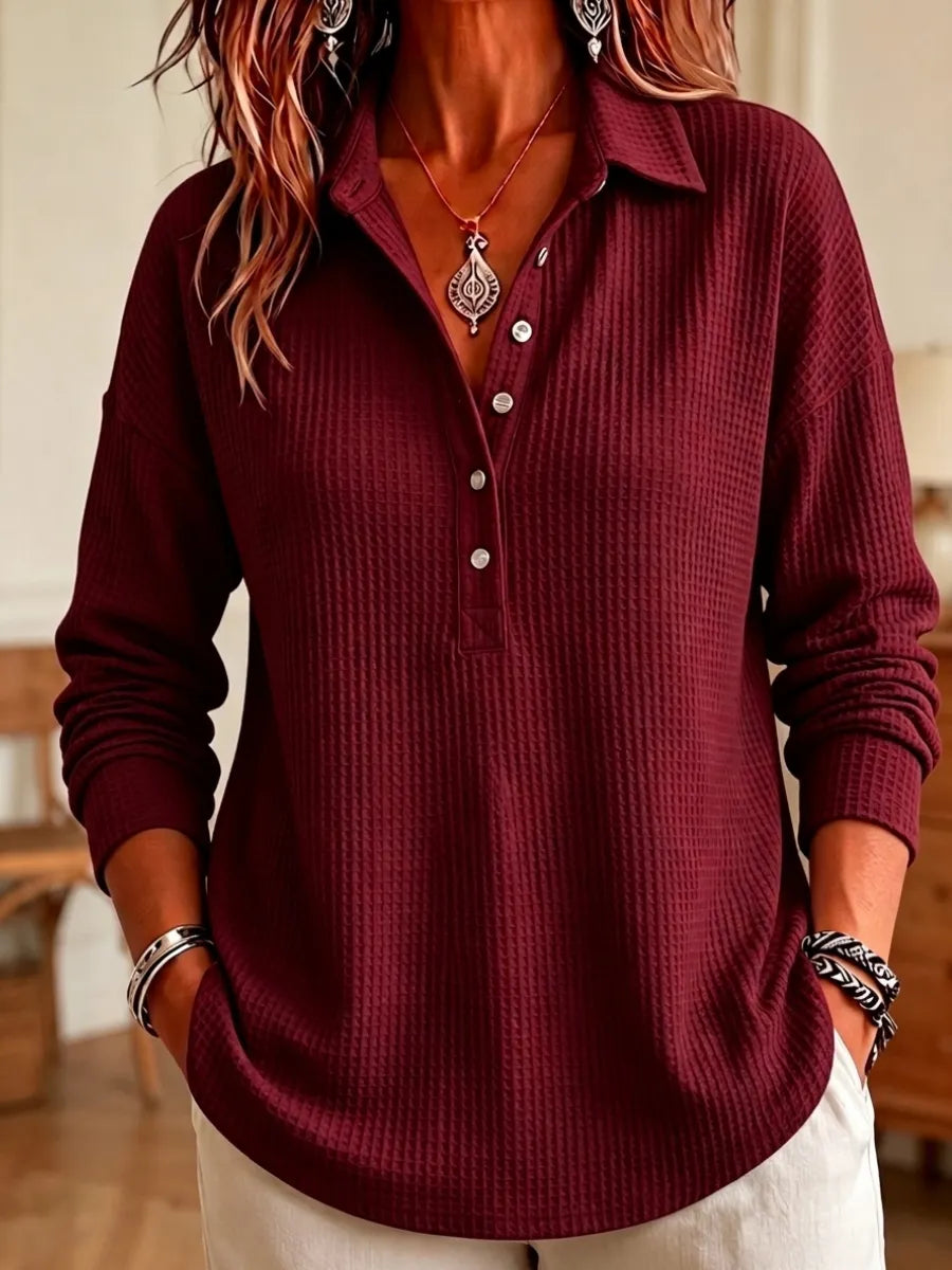 Women's Casual Waffle Knit Collared Henley Long Sleeve Shirt