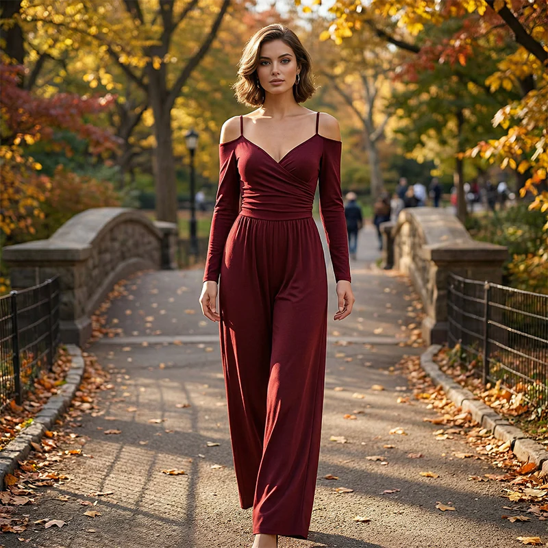 Women’s Cold Shoulder Spaghetti Strap Ruched V-Neck Long Sleeve Wide Leg Floor-Length