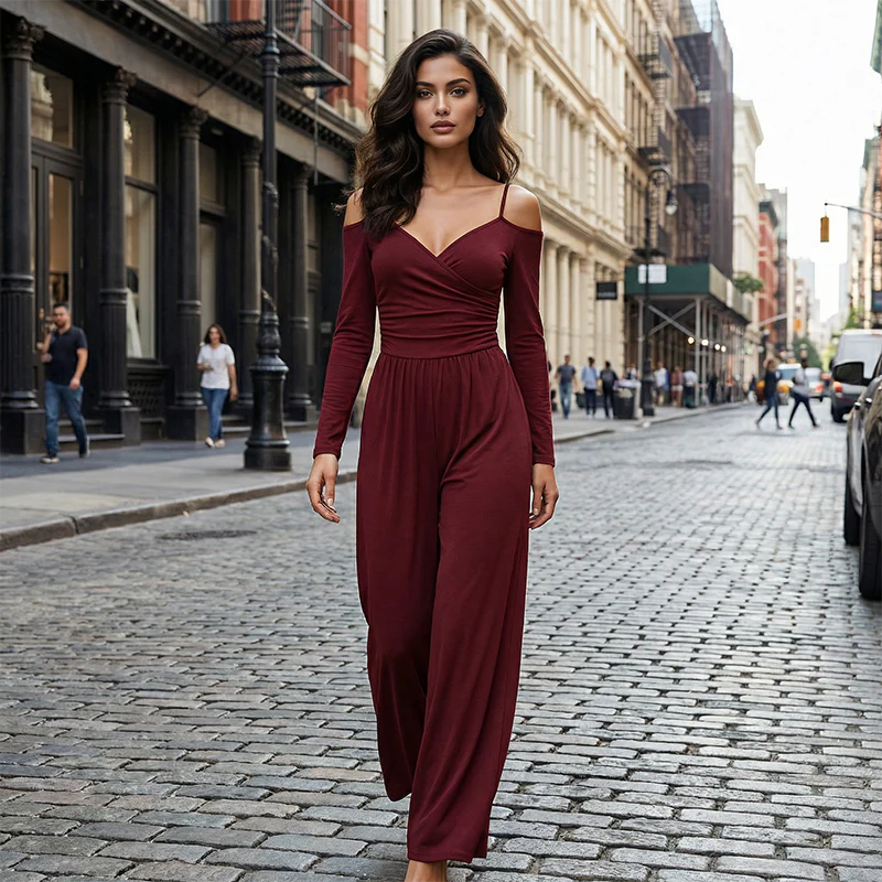 Women’s Cold Shoulder Spaghetti Strap Ruched V-Neck Long Sleeve Wide Leg Floor-Length