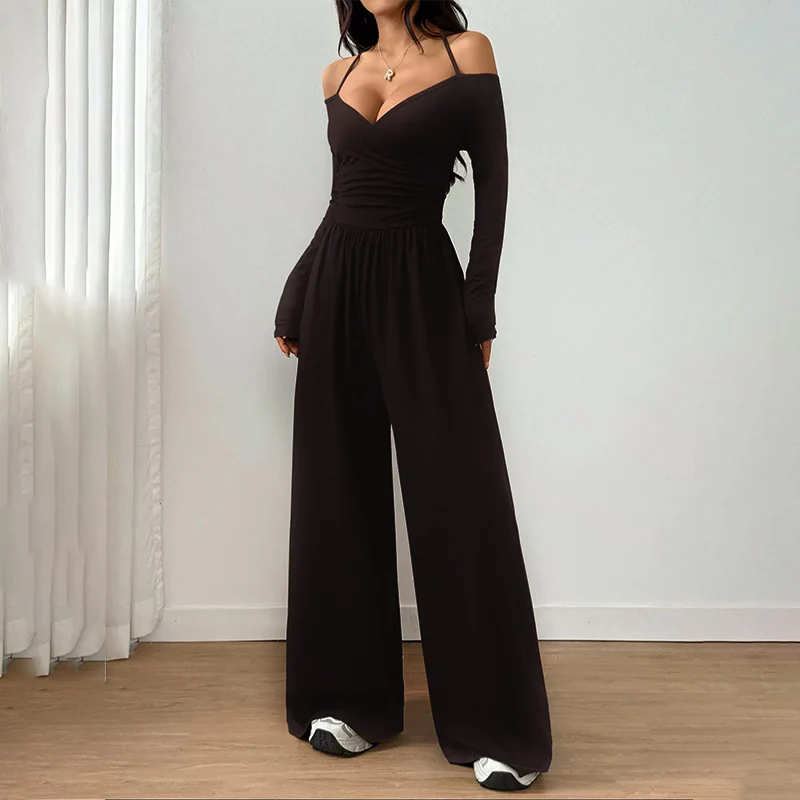 Women’s Cold Shoulder Spaghetti Strap Ruched V-Neck Long Sleeve Wide Leg Floor-Length